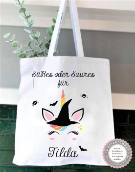 Tasche Halloween Beutel für Süßigkeiten zauberhaftes Einhorn, Süßes oder Saures, Wunschname, Kindergarten, Ausflug, Lüttentüddel®